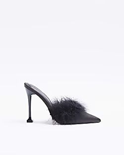 Black feather trim heeled court shoes | River Island (UK & IE)
