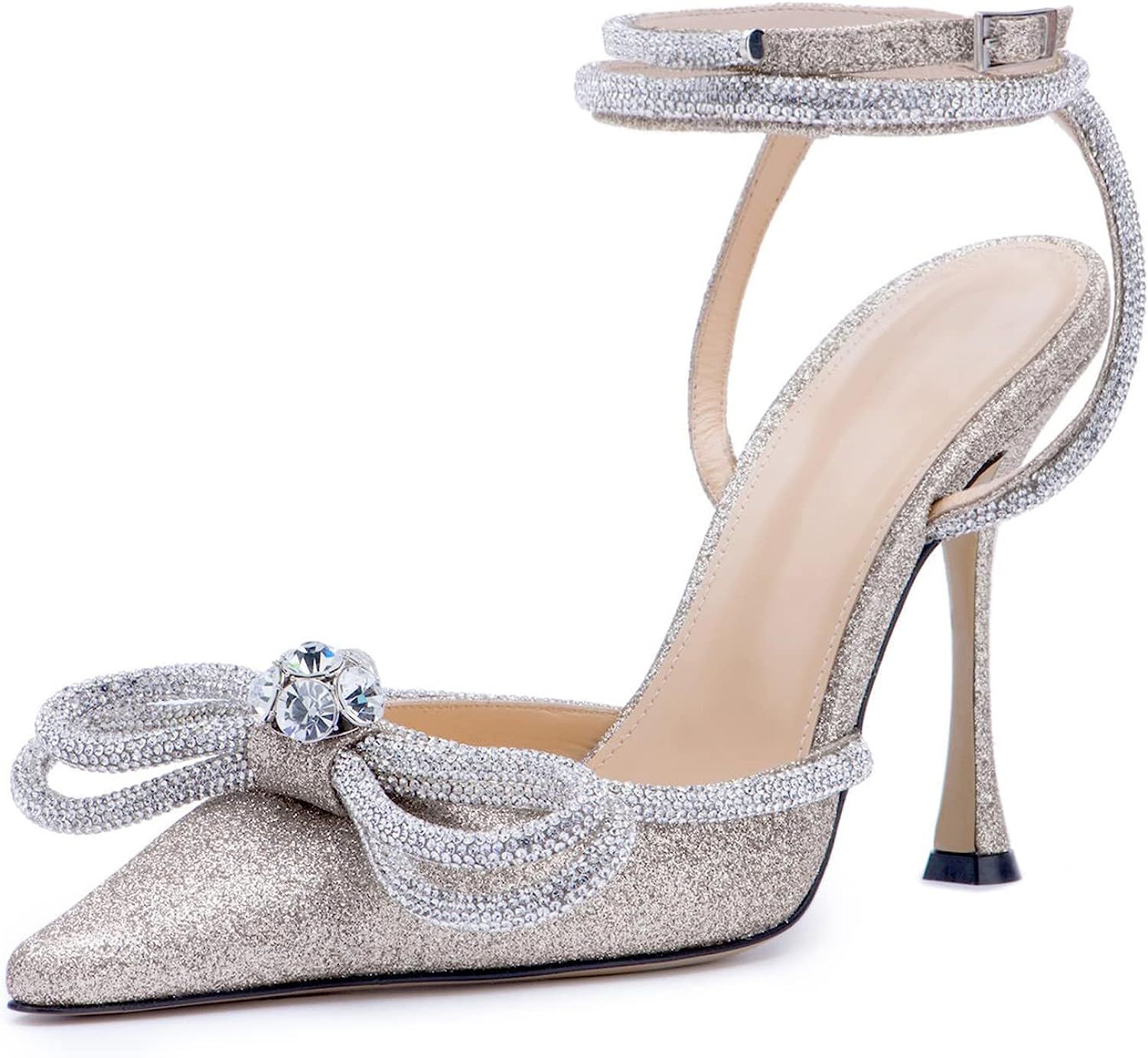 JiaBinji Women High Heeled Sandals Sparkly Crystal Rhinestones Bow Glitter Sandals Pointed Toe Stile | Amazon (US)