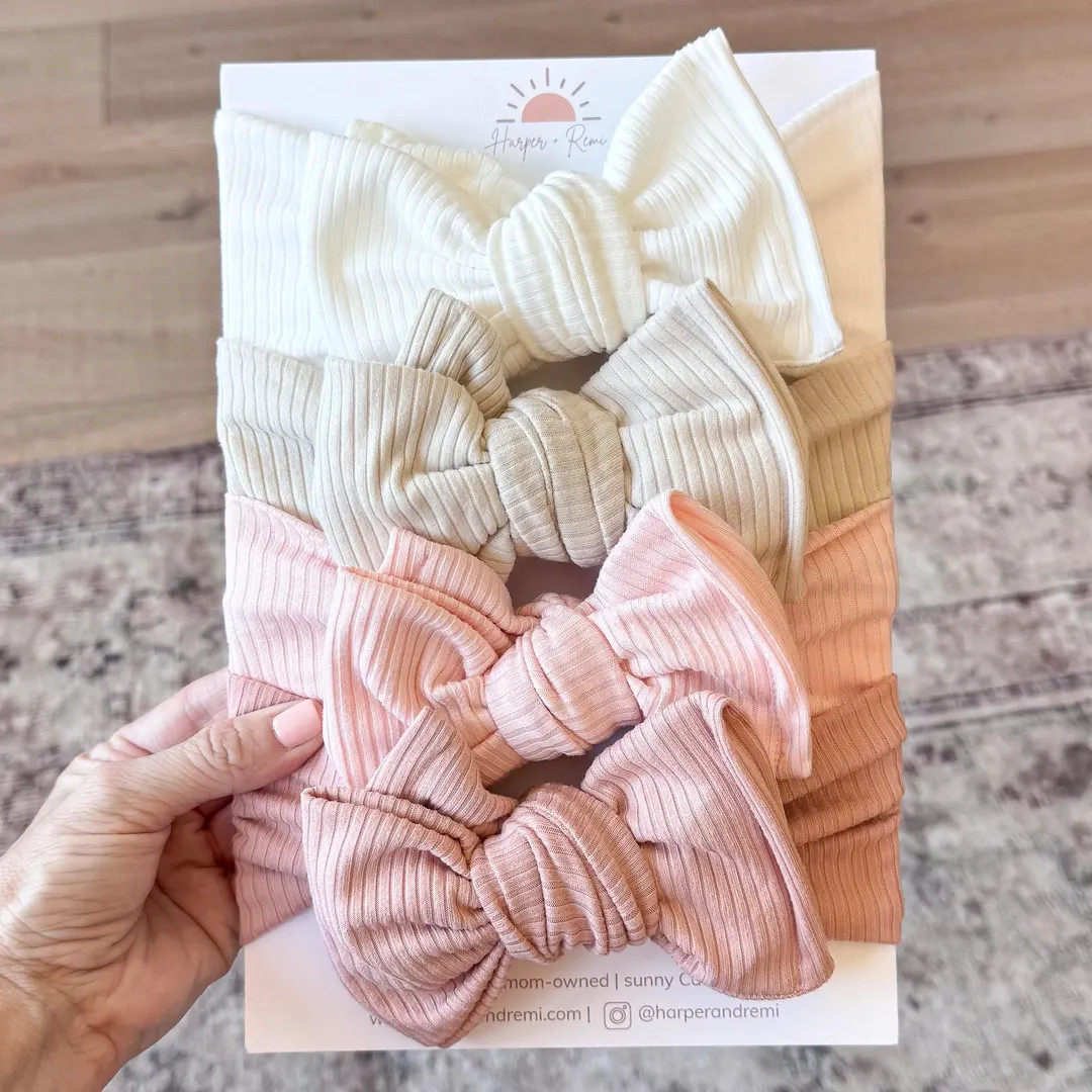 Neutral + Pink Ribbed Baby Headbands – Oversized Bows for Newborn & Baby Girls (white, Sand, Li... | Etsy (US)