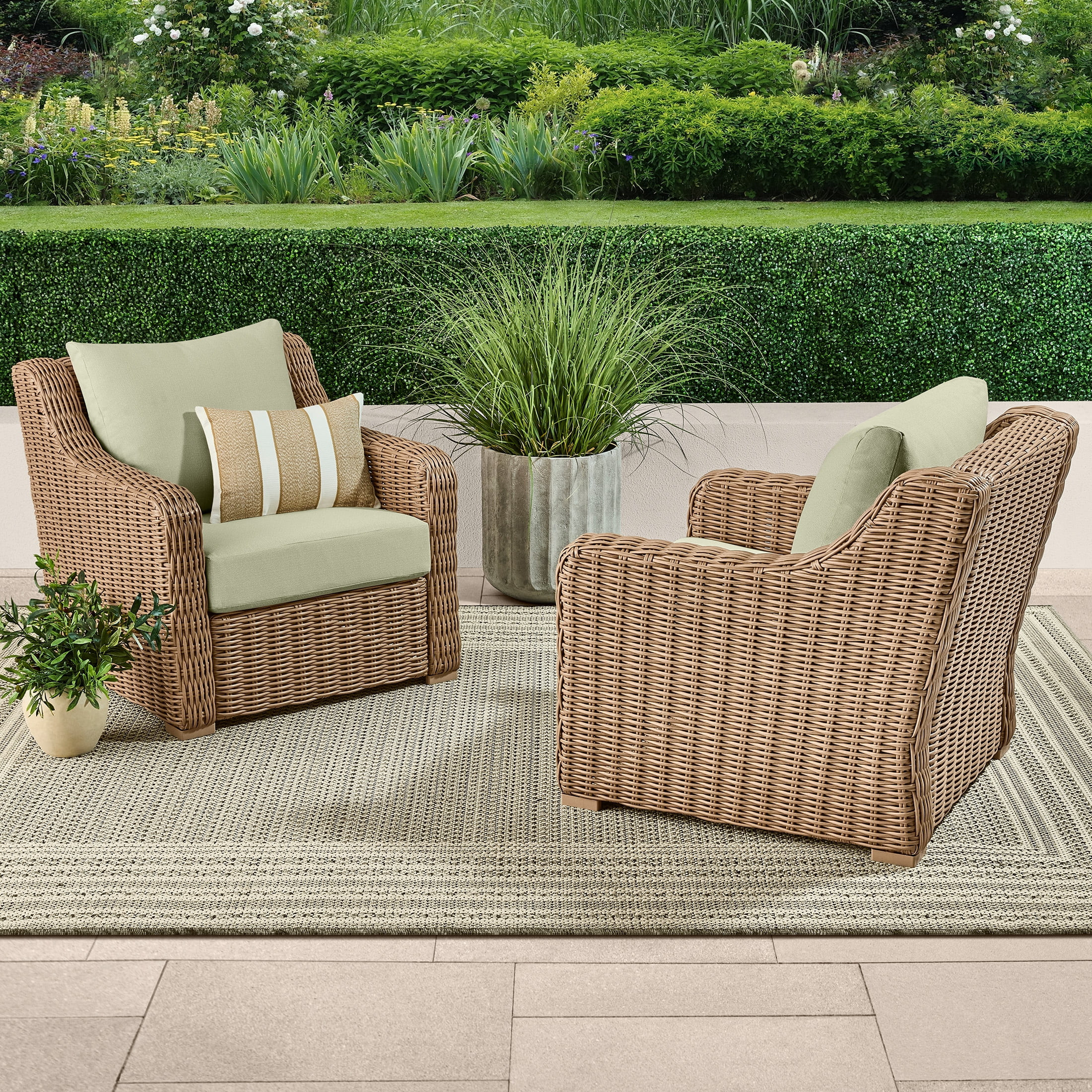 Better Homes & Gardens Bellamy Outdoor 2pk Lounge Chairs, Tan Wicker/Green Cushion | Walmart (US)