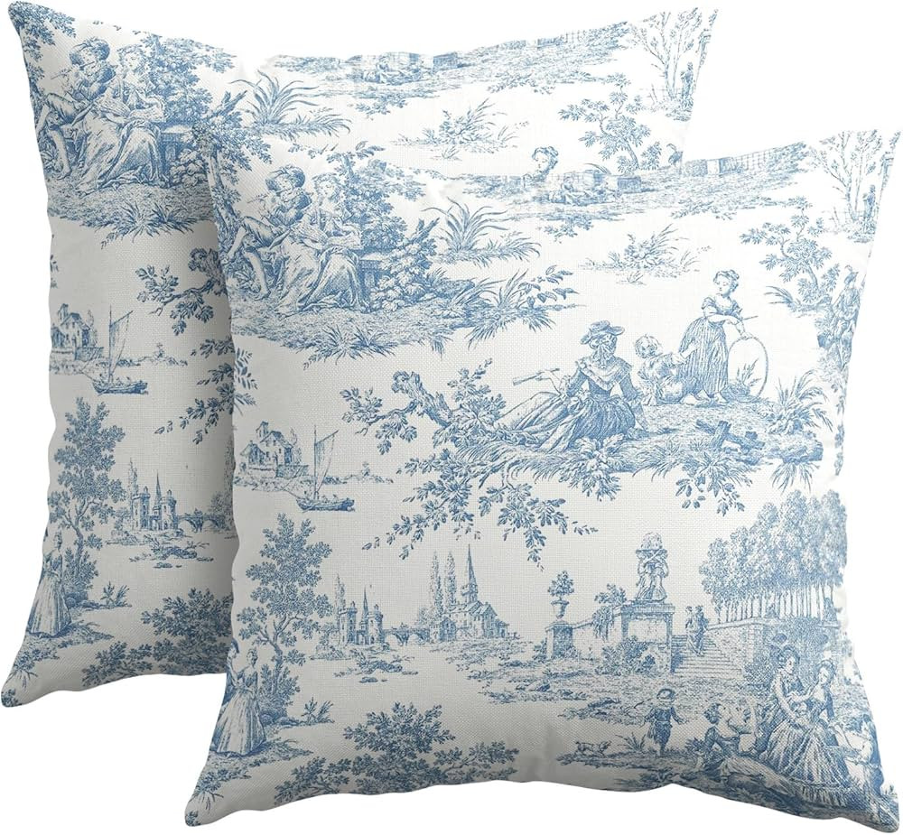 Blue White Vintage Throw Pillow Covers Set of 2 French Country Decorative Pillow Covers 18x18 Inc... | Amazon (US)