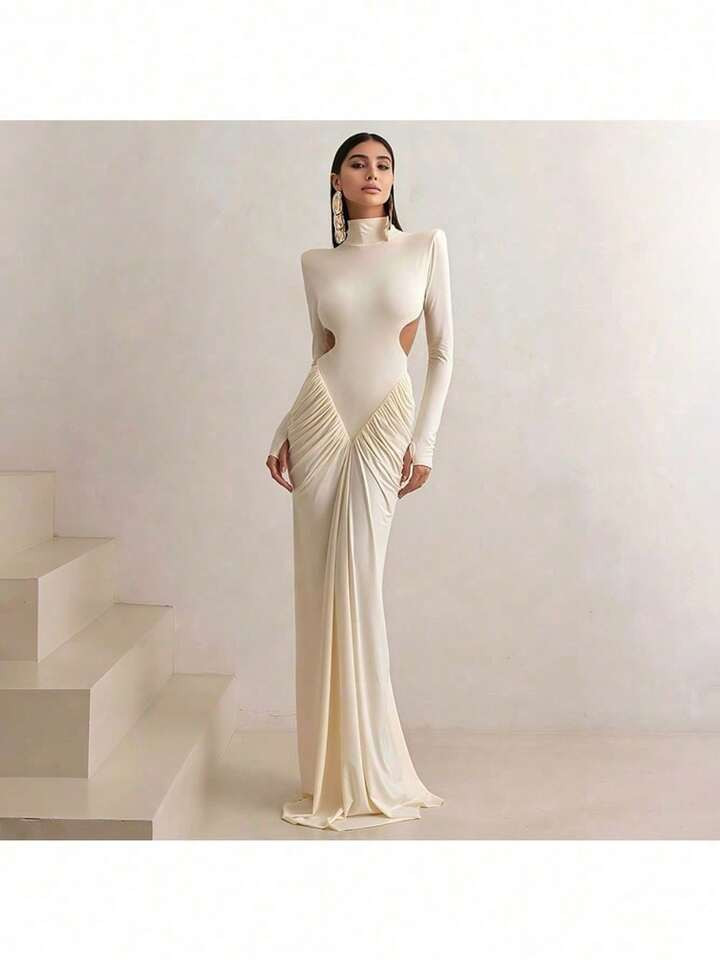 2025 Summer New Women's High-Neck Temperament Slim Sexy Backless Solid Color Long Dress | SHEIN