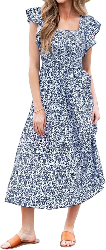 CUPSHE Women's Summer Dress Square Neck Striped Smocked Dress Ruffled Cap Sleeves Dress A Line Ma... | Amazon (US)