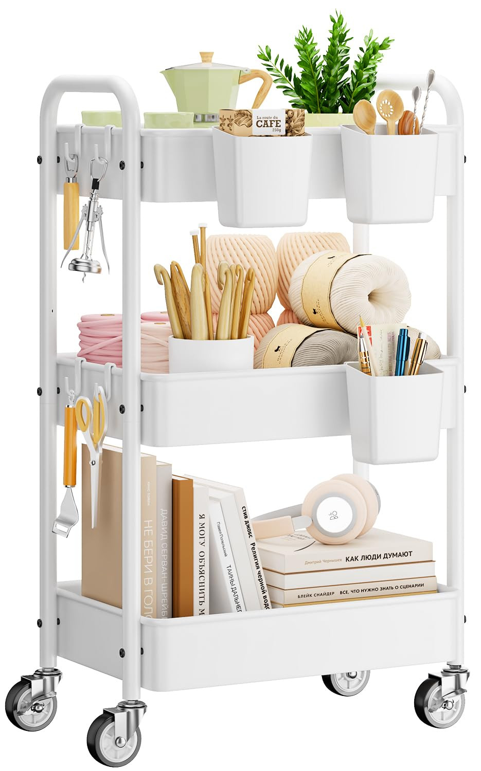 YASONIC Metal 3 Tier Rolling Cart - Heavy Duty Utility Cart with Lockable Wheels, Hanging Cups, H... | Amazon (US)