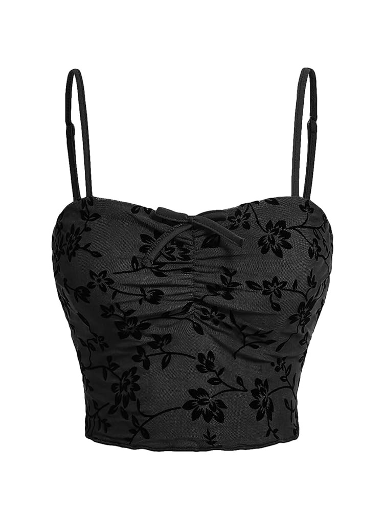 Verdusa Women's Ruched Floral Mesh Y2k Crop Cami Top Sleeveless Fitted Going Out Tops Goth Clothe... | Amazon (US)