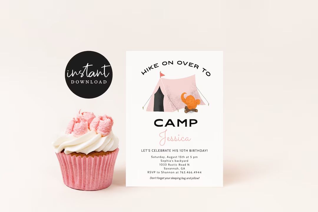 Pink Tent Birthday Party Invitation | Girl Camping Party Invite | Sleepover Party | Editable Temp... | Etsy (US)