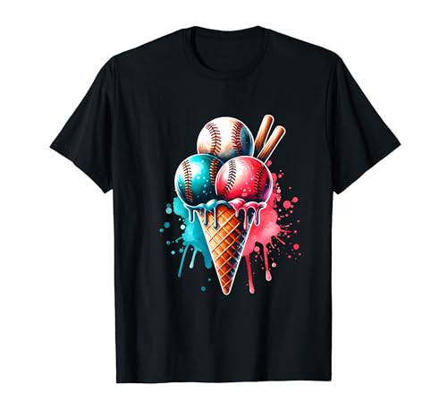 Baseball Ice Cream Watercolor Sports Lover Ice Cream Cone T-Shirt | Amazon (US)
