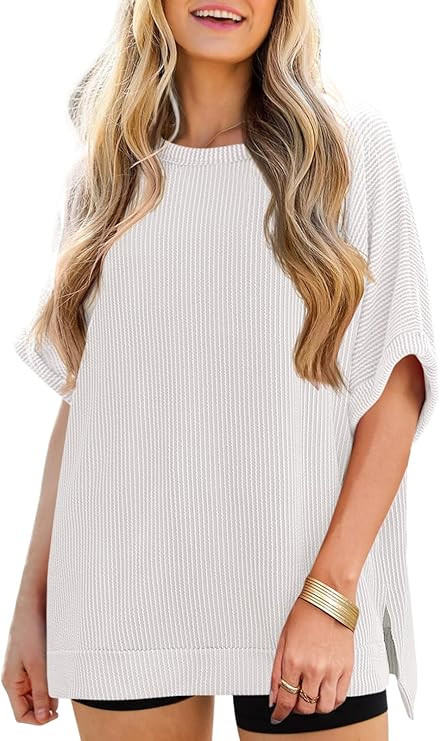 Tankaneo Womens Oversized T Shirts Summer Casual Ribbed Batwing Short Sleeve Tunic Tops Loose Fit... | Amazon (US)