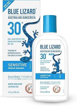 Blue Lizard Sensitive Mineral Sunscreen – No Chemical Actives – SPF 30+ UVA/UVB Protection, 5... | Amazon (US)