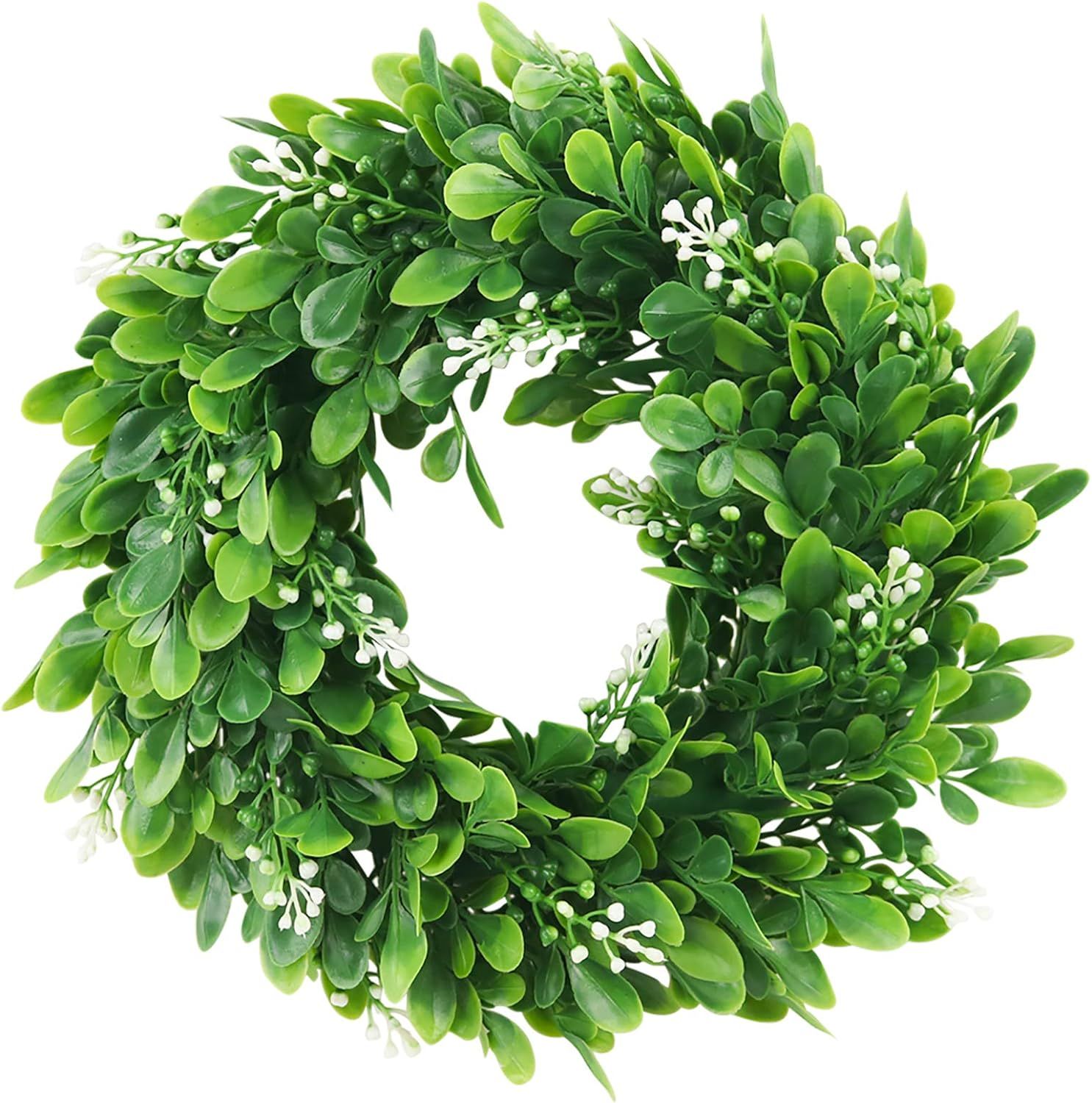 ElaDeco 10" Faux Boxwood Wreath Artificial Green Leaves Wreath for Front Door Wall Hanging Window... | Amazon (US)