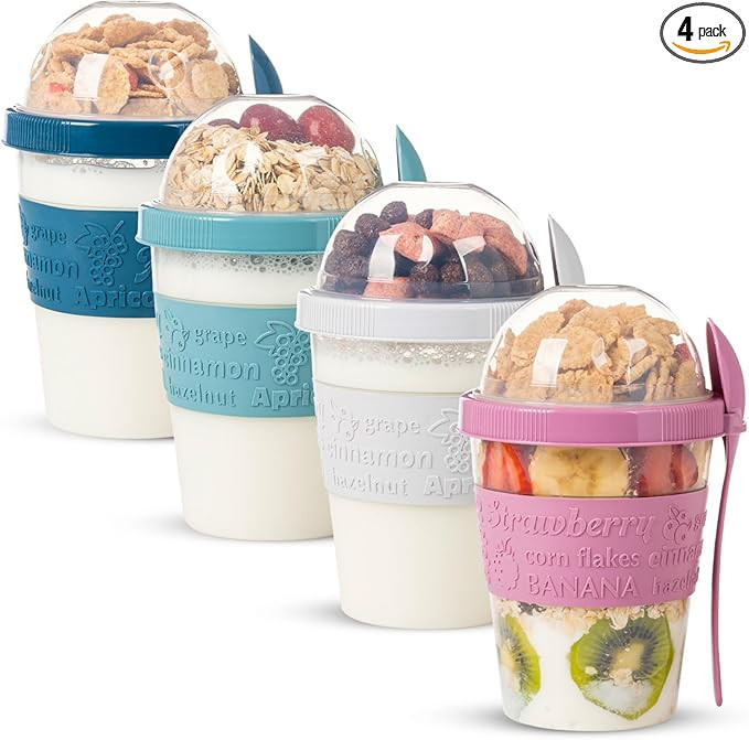 On The Go Cereal Yogurt Cups with Lids and Spoon, Overnight Oats Container, Reusable Parfait Plas... | Amazon (US)