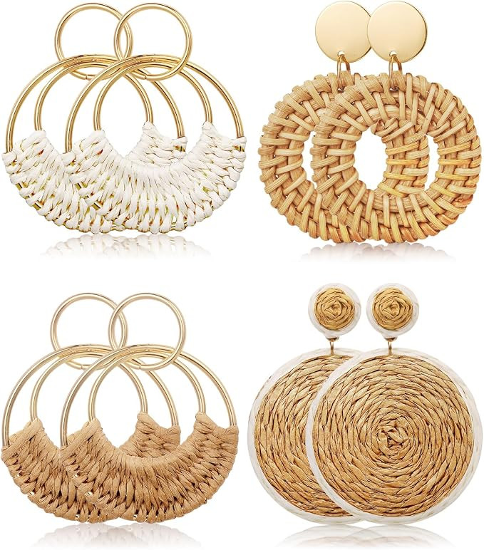 4 Pairs Handmade Raffia Rattan Bohemian Round Drop Dangle Earrings for Women, Boho Statement Cute... | Amazon (CA)