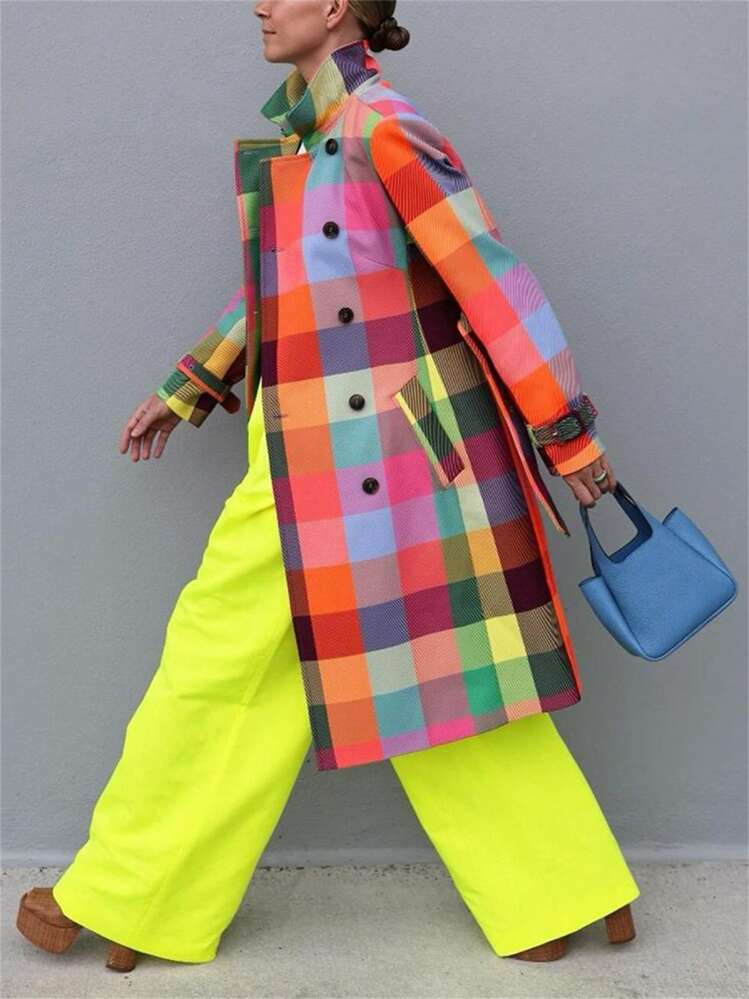 Plaid Double Breasted Trench Coat, Rainbow Colors, Women's Coat Fall-Winter 2024, Pockets, Chic A... | SHEIN