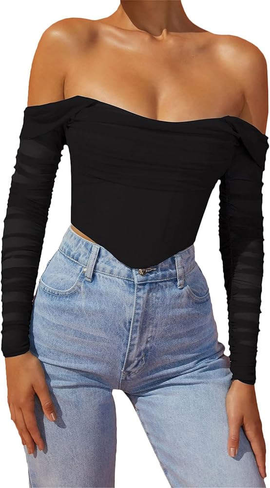 Baonmy Bustier Corset Top for Women Long Sleeve Corset Top Off the Shoulder Vintage Boned Mesh Bu... | Amazon (CA)