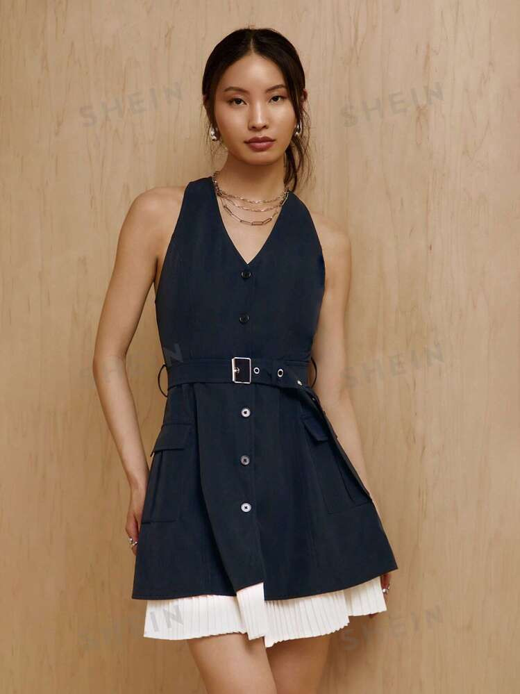 MONSE Designer Razor Back Contrast Pleated Hem Dress,Summer Elegant Dress | SHEIN | SHEIN