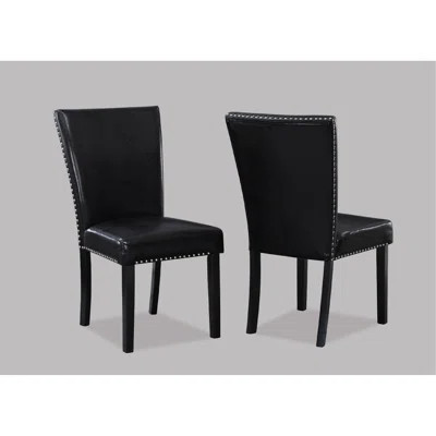 2Pc Transitional Upholstered Side Chair With Nailhead Trim Black Faux Leather Upholstery Tufted Nail-Head Dining Room Wooden Furniture | Wayfair North America