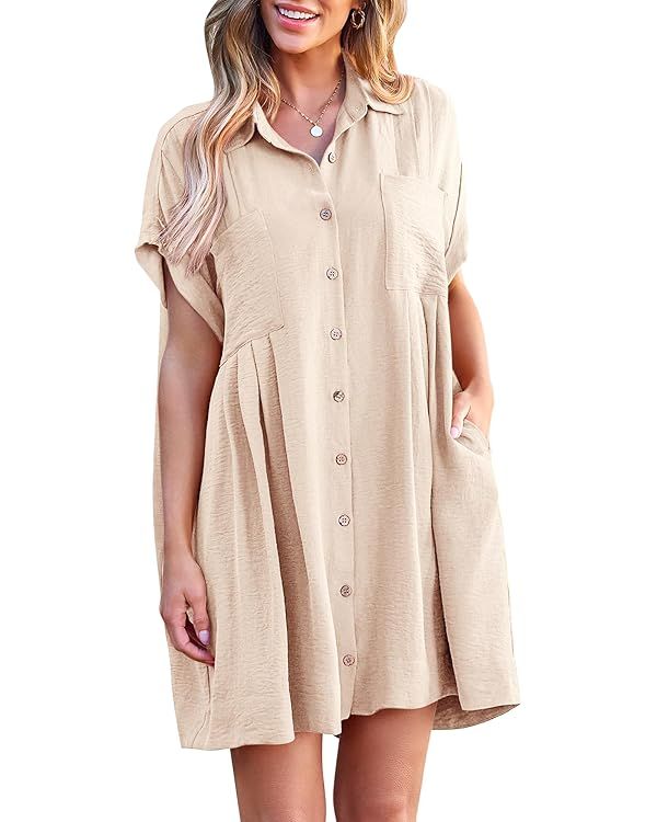 BTFBM Women's Button Down Shirt Dress 2024 Summer Short Sleeve V Neck Loose Flowy Casual Mini Bab... | Amazon (US)