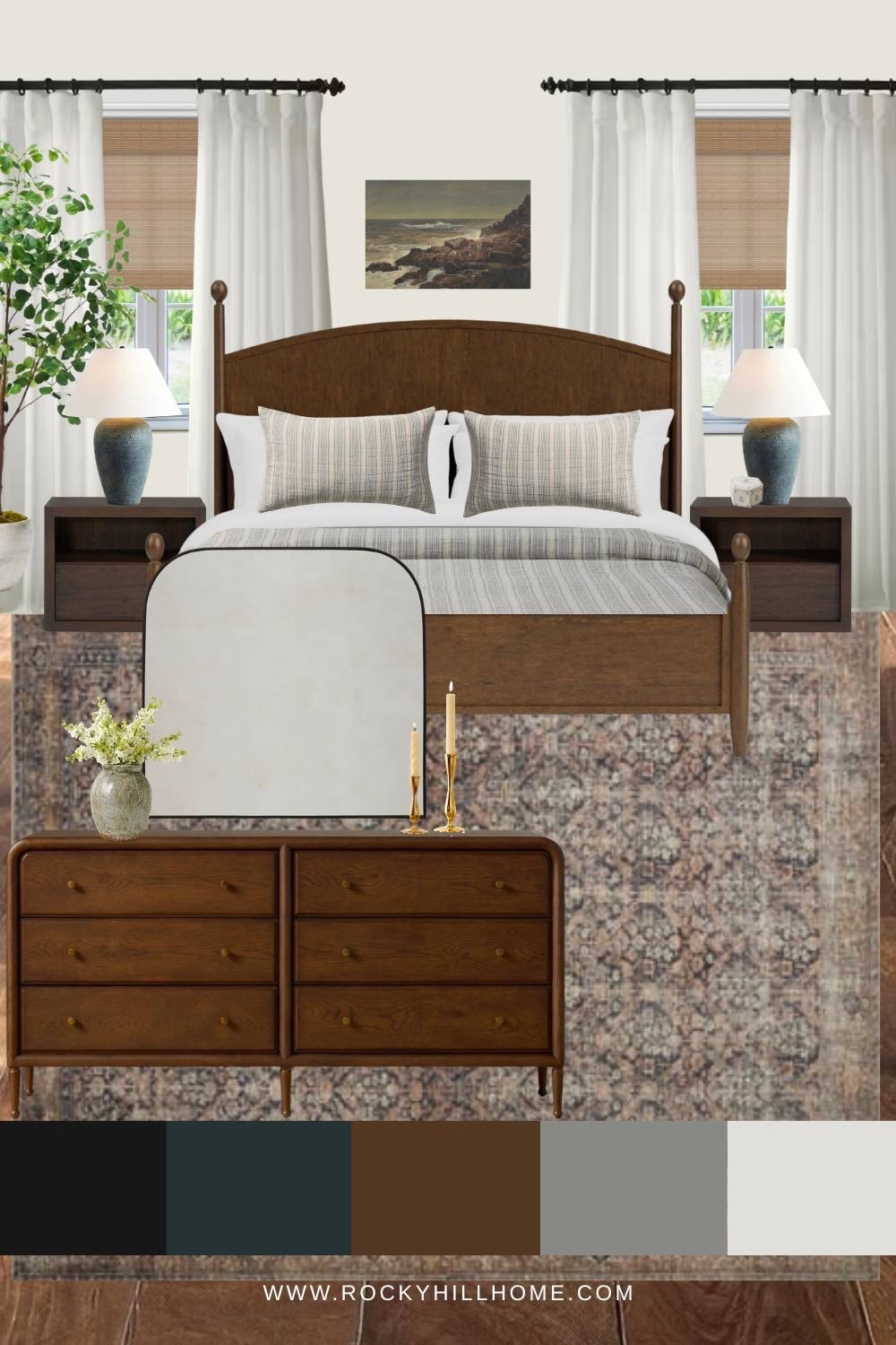 A warm, layered bedroom that feels equal parts cozy and timeless. 🤍 Rich walnut furniture, soft neutral bedding, vintage inspired details, and muted blue accents create the perfect modern traditional retreat.

pottery barn, four poster bed, cottage style, loloi

#LTKHome #LTKSaleAlert