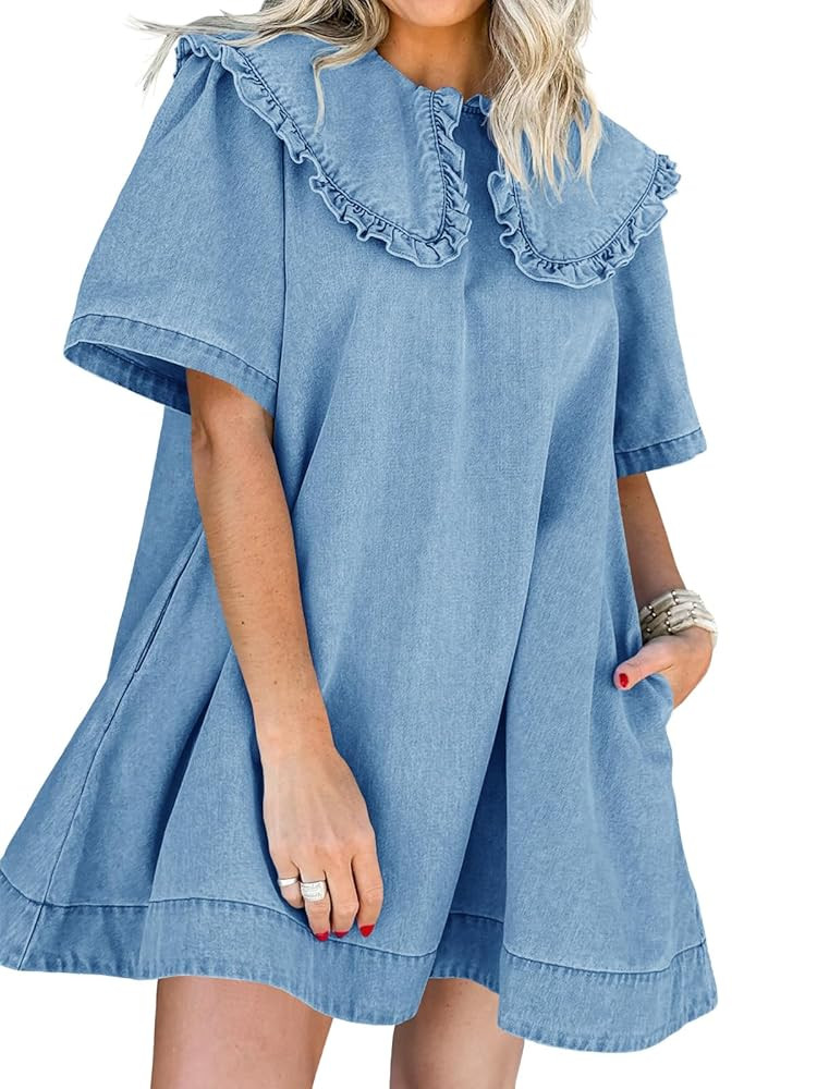 Wenrine Womens Summer Denim Mini Dress Oversized Peter Pan Collar Short Sleeve Casual Flowy Babyd... | Amazon (US)