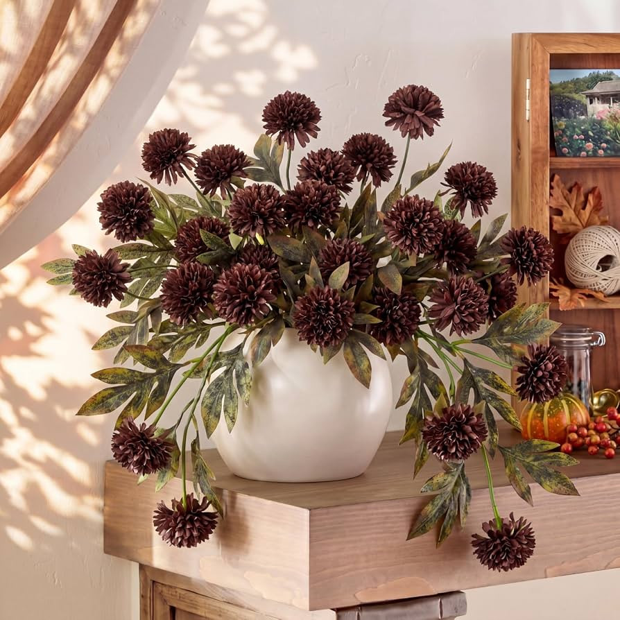 Knitgrip 8 Pcs Faux Silk Pom Pom Mum Artificial Flowers, Chocolate | Amazon (US)
