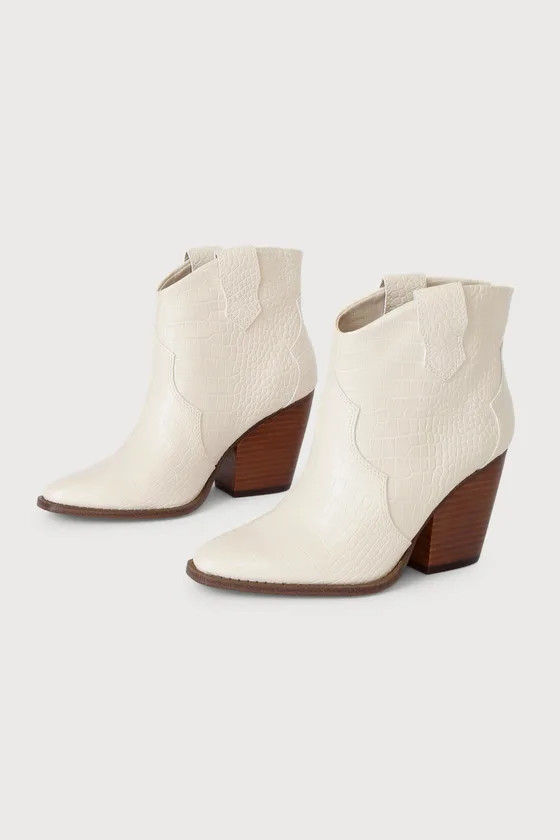 Bonnie Cream Crocodile-Embossed Pointed-Toe Ankle Boots | Lulus (US)