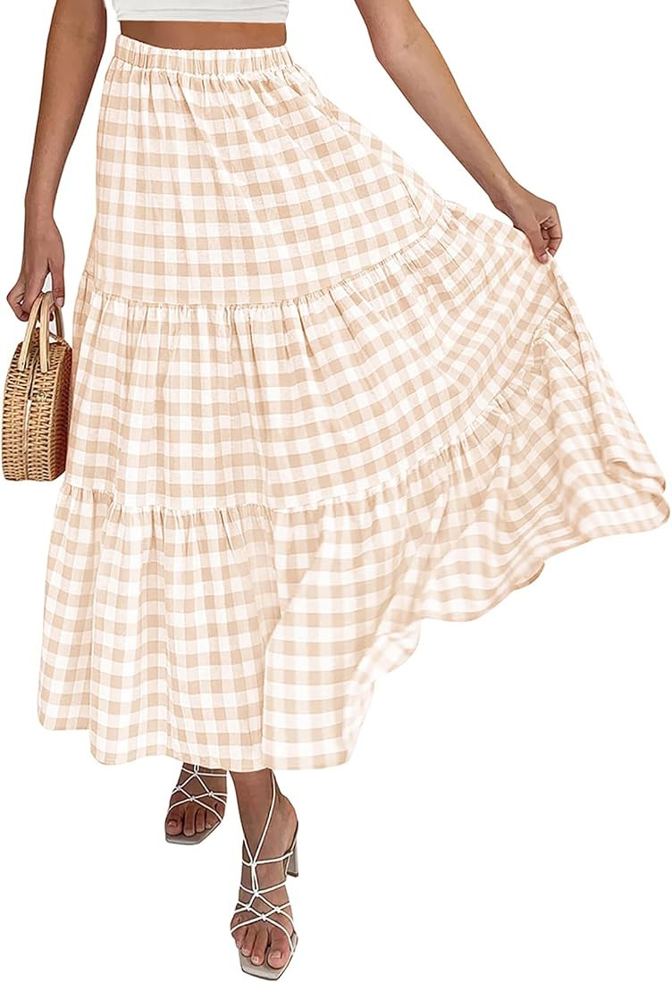 ZESICA Women's 2023 Summer Plaid Elastic High Waist Flowy A Line Maxi Skirt with Pockets | Amazon (US)