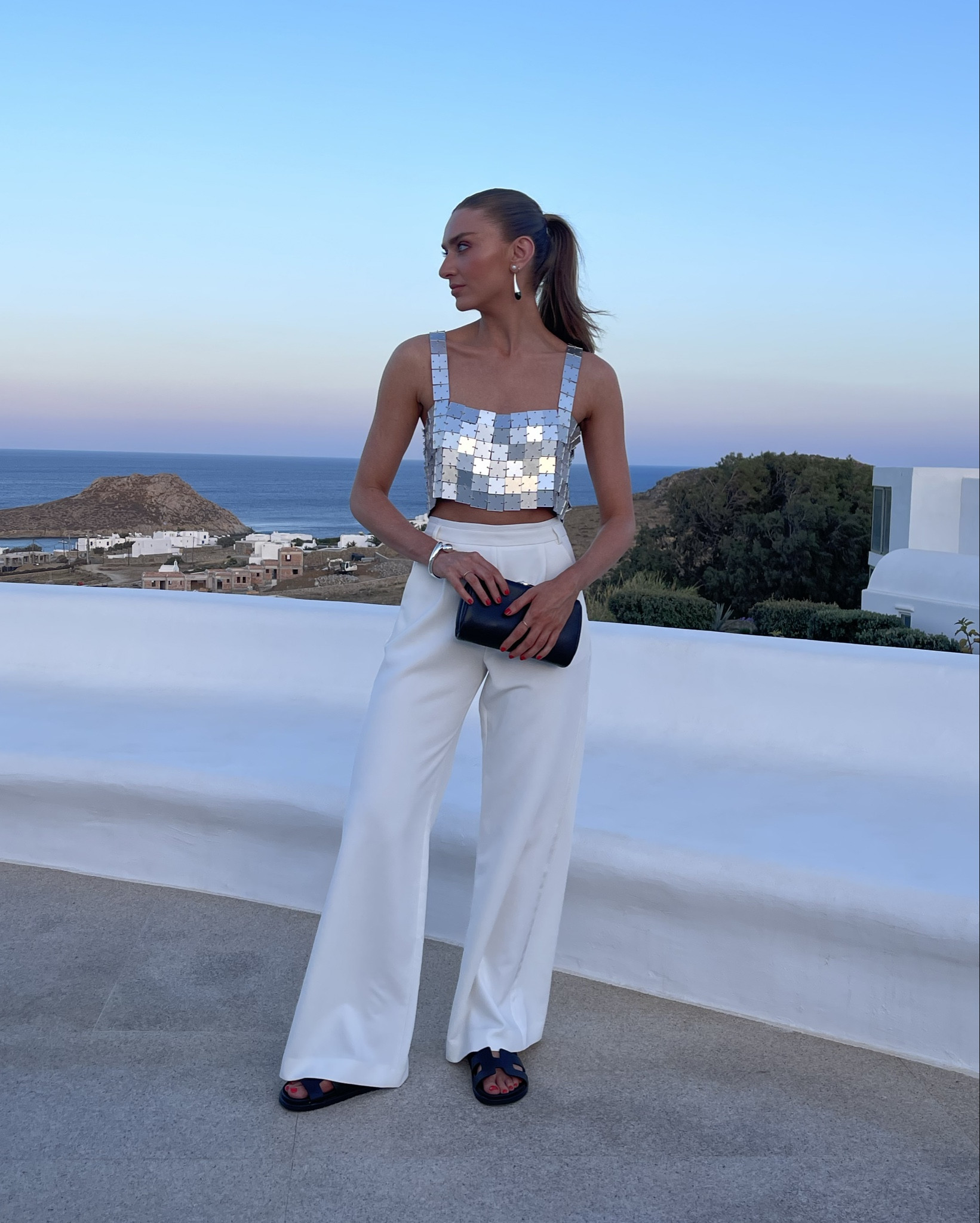 First night in Mykonos, #MYKONOS20 for 20% off 
Mirrored top
Size 6 in the white trousers
Karen Millen earrings and silver bangle

#MyKM 

#LTKgetaway #LTKsummer #LTKeurope