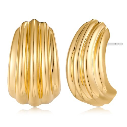 MUYAN Striped Ridged Chunky Gold Earrings for Women Trendy Minimalist Large Ribbed Textured Studs Jewelry | Amazon (US)