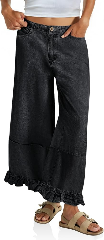 Cicy Bell Womens Ruffle Wide Leg Jeans Cropped Elastic High Waisted Baggy Denim Pants with Pocket... | Amazon (US)