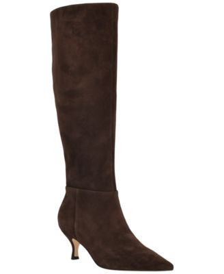 Nine West Women's Somas Tall Wide Calf Kitten Heel Dress Boots - Dark Brown Suede | Macy's