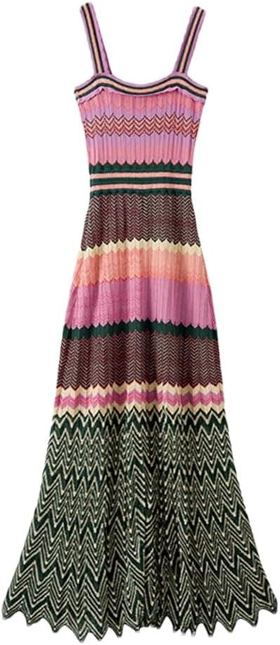 Women Bohemian Style Sleeveless Knitted Dress Women Slim Long Dresses Party Dress | Amazon (US)