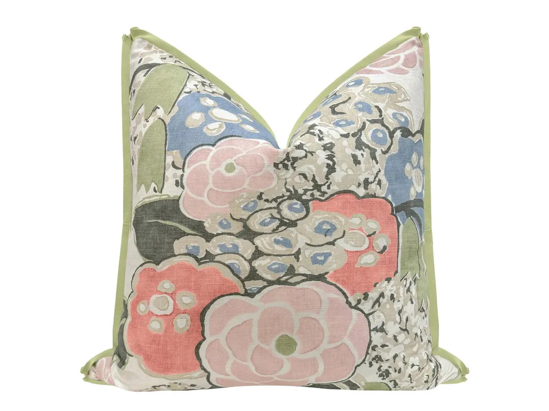 Thibaut Laura // Blush and Green With Butterfly Flange | Designer | Floral Pattern | Throw Pillow... | Etsy (US)