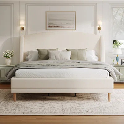 Upholstered Bed Frame With Boucle Fabric and Wingback Headboard, Solid Wood Legs | Wayfair North America