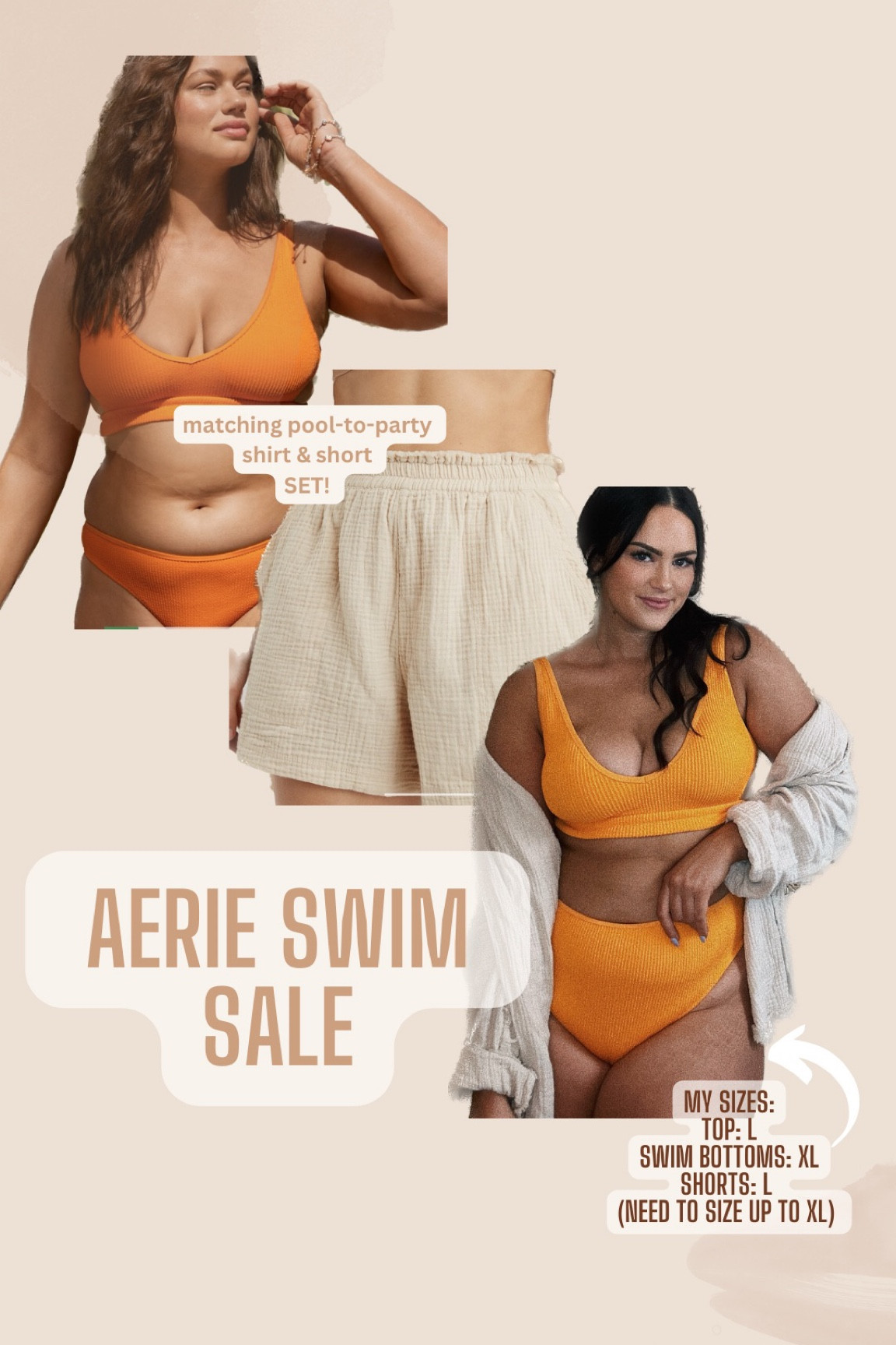 Wearing size large in the swim stop, XL in swim bottom, and need to size up from L to XL in shorts!

#LTKcurves #LTKswim #LTKunder50