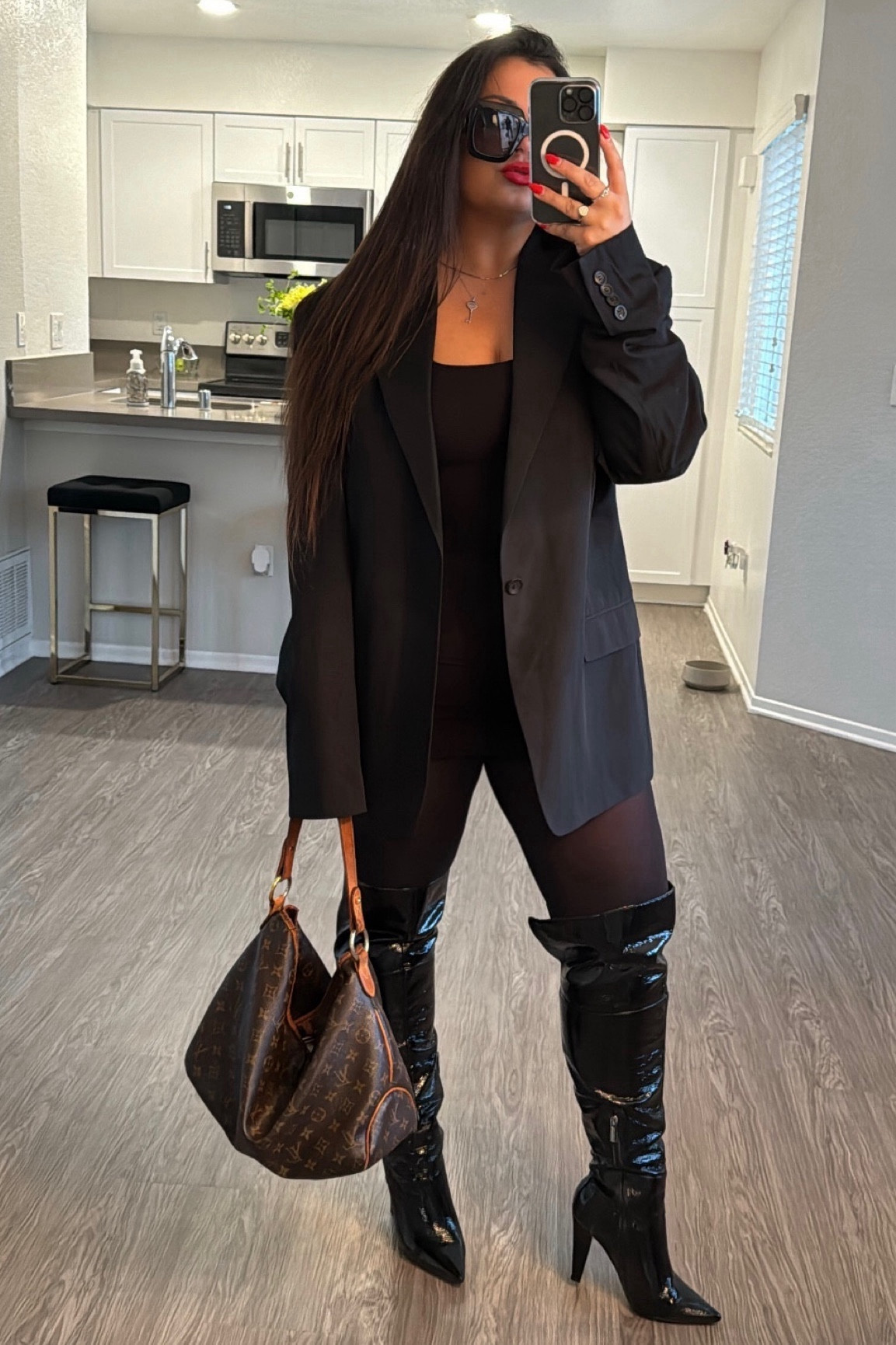 Vince Camuto over the knee patent leather boots ♠️
Black boots size 7
Work outfit
Workwear
Black commando opaque tights
Winter outfit 
Blazer outfit
Mob wife aesthetic 
Vintage Versace blazer, linked something similar 
Skims dress size M

#LTKstyletip #LTKworkwear #LTKSeasonal