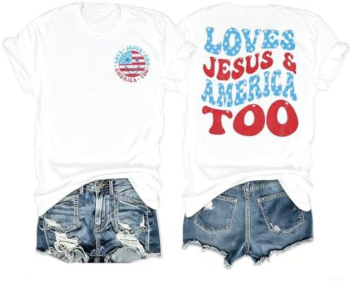 ALLTB 4th of July Shirt Women Loves Jesus and America Too Shirts Patriotic Tshirt Christian Short... | Amazon (US)