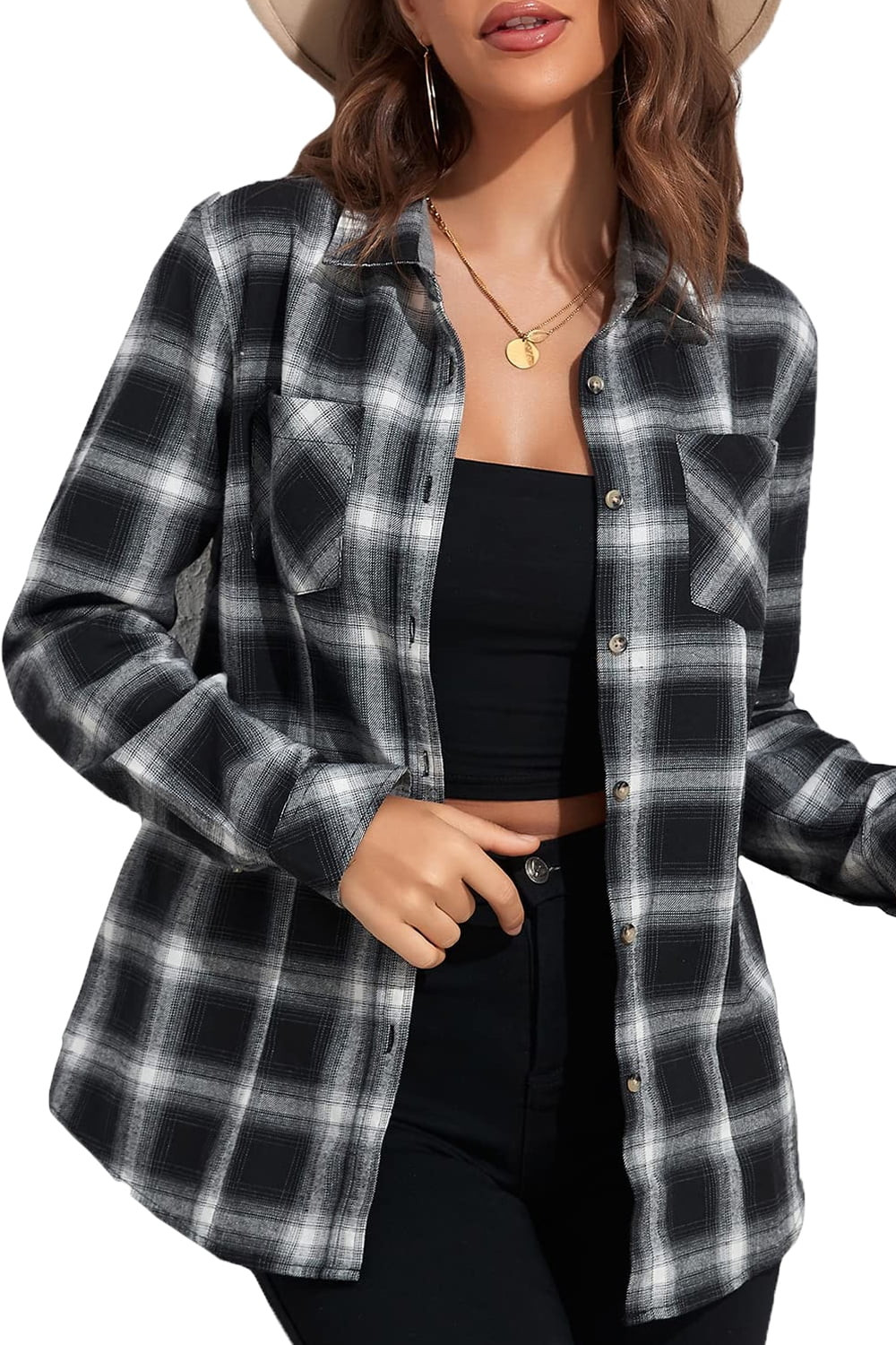 UVN Plaid Shirt for Women Oversized Flannel Long Sleeve Shirts Casual Button Down Blouse Tops wit... | Walmart (US)