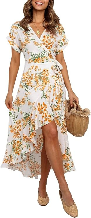 ZESICA Women's Summer Bohemian Floral Printed Wrap V Neck Beach Party Flowy Ruffle Midi Dress | Amazon (US)