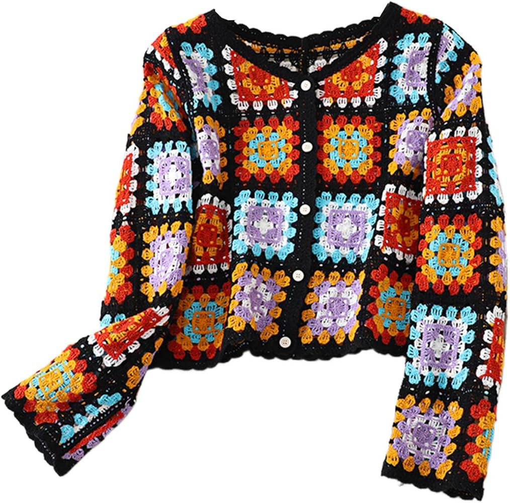 Women Y2k Crochet Floral Knit Pullover Long Sleeve V Neck Sweater Aesthetic Hollow Out Oversized ... | Amazon (US)