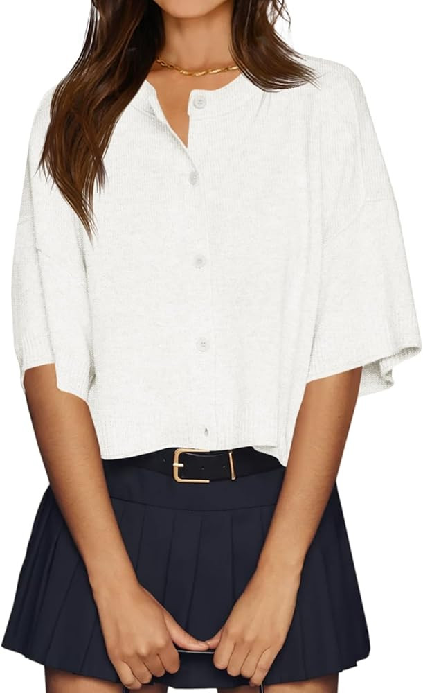Cicy Bell Womens Half Sleeve Cardigan Sweaters Cropped Button Down Tops Oversized Lightweight Rib... | Amazon (US)