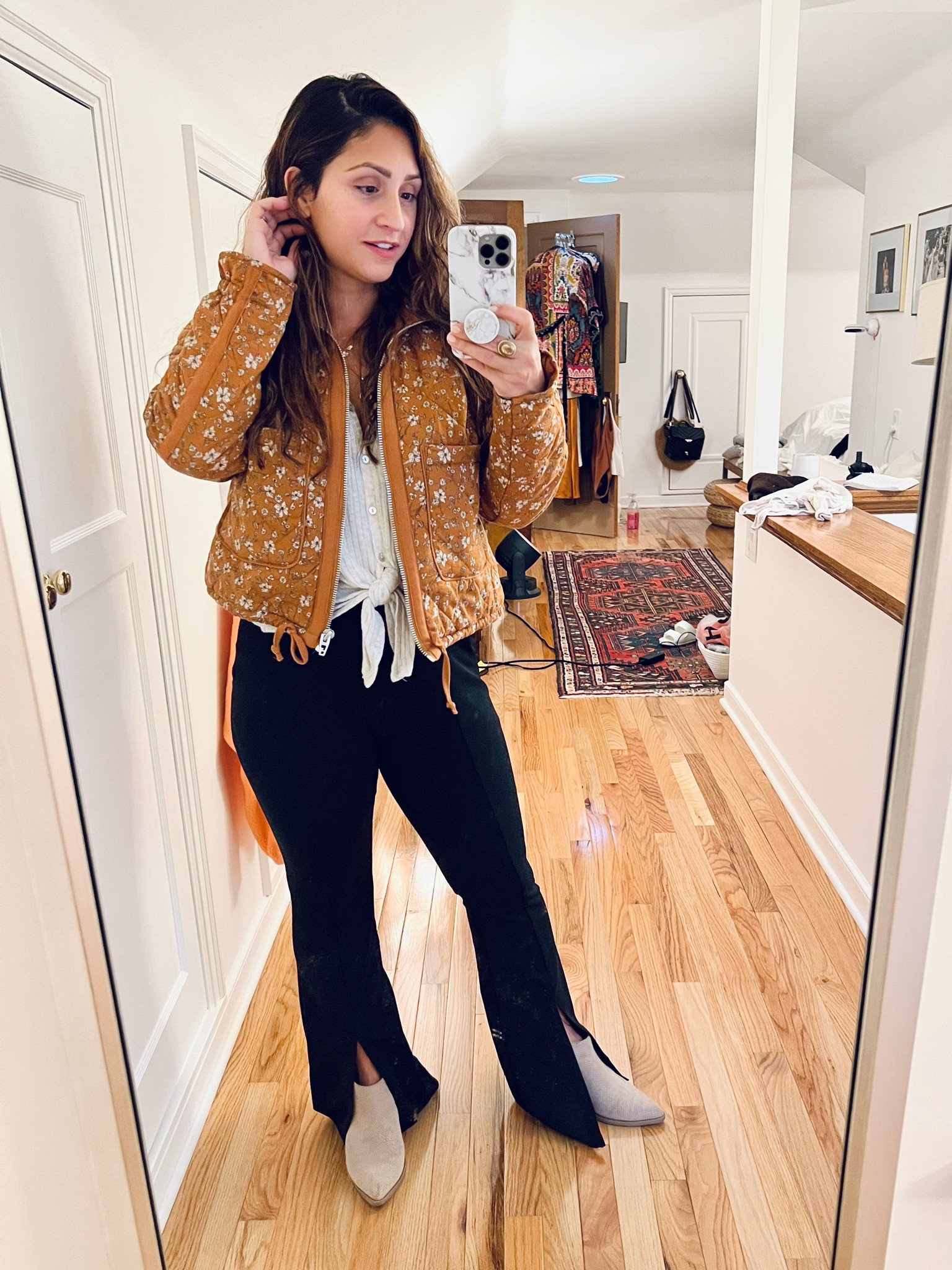 Evereve floral fall jacket, split front leg black pants and ankle boots. Fall trends, thanks giving outfit. Amazon pants. 

#LTKSeasonal #LTKstyletip