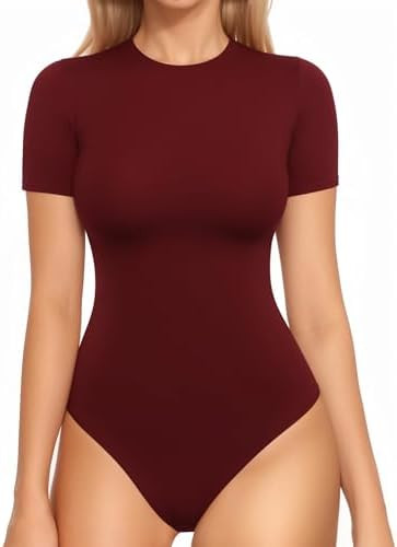 MANGOPOP Womens Short Sleeve Bodysuit Crew Neck Double Lined T-shirt Tops Second Skin Bodysuit Co... | Amazon (US)