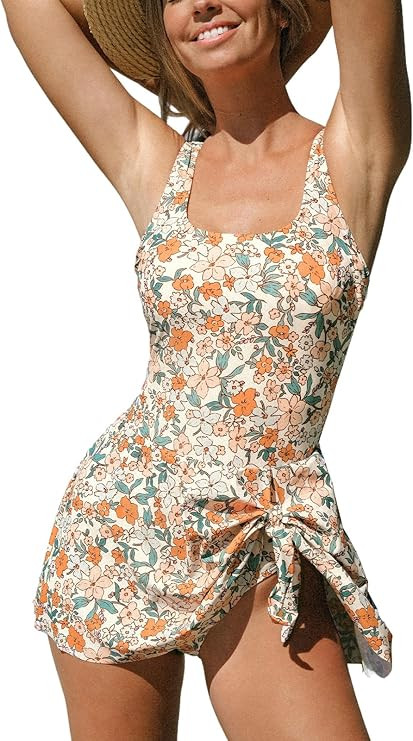 CUPSHE Women's One Piece Swimsuit Bathing Suit Scoop Neck Swimdress Wide Straps Tie Knot Swim Ski... | Amazon (US)