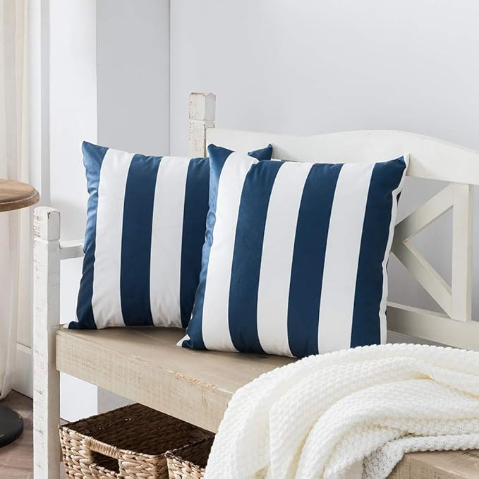 Nestinco Set of 2 Striped Pillow Covers Navy Blue and White Rectangular Lumbar Decorative Throw P... | Amazon (US)