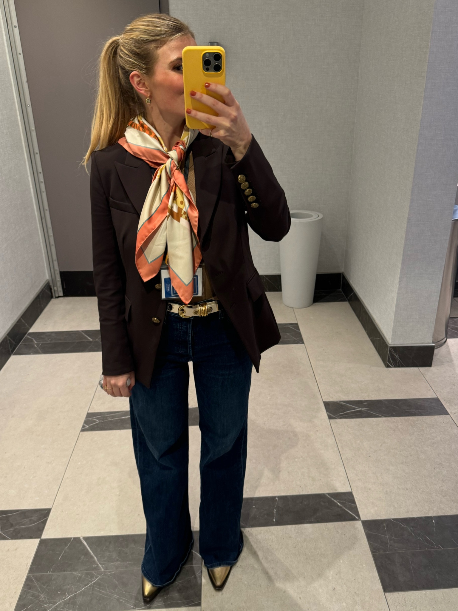 Elevated work look featuring all my favorites ✨ Miron Crosby gold boots steal the show, paired with ultra-comfy Mother denim (feels like sweatpants!) and a chocolate brown Veronica Beard dickey jacket. Added a touch of luxe with a Dahanche Revenge gold belt and a timeless Hermès scarf. For jewelry, Goldbug earrings add the perfect statement, and I’m cozy in a camel cashmere sweater from Reformation (under $200!). Shop the full look for effortless office chic! 🖤 #WorkStyle #OOTD #LikeToKnowIt 

 #LTKHoliday #LTKSeasonal #LTKWorkwear