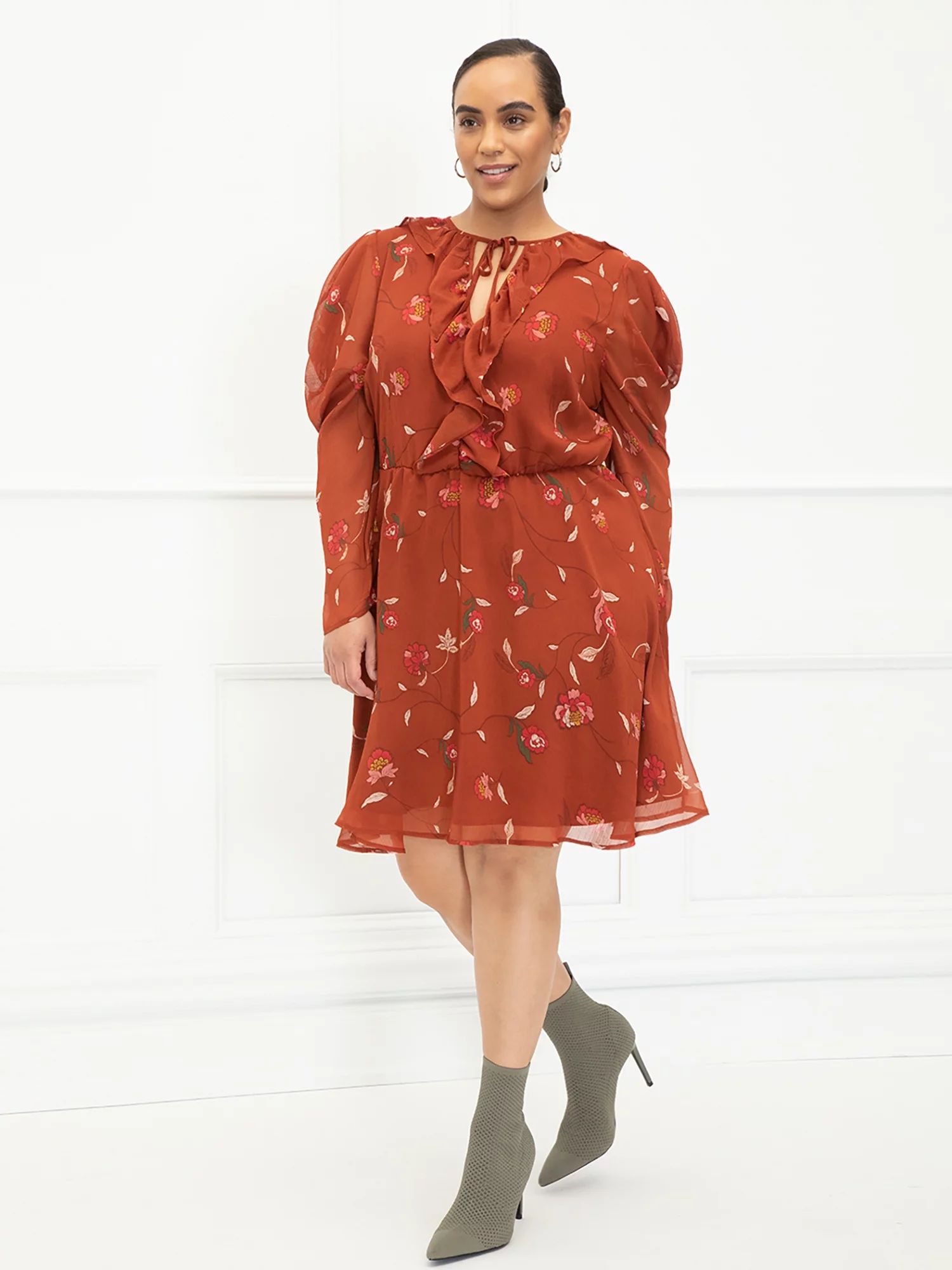 ELOQUII Elements Women's Plus Size Bohemian Print Puff Sleeve Dress | Walmart (US)