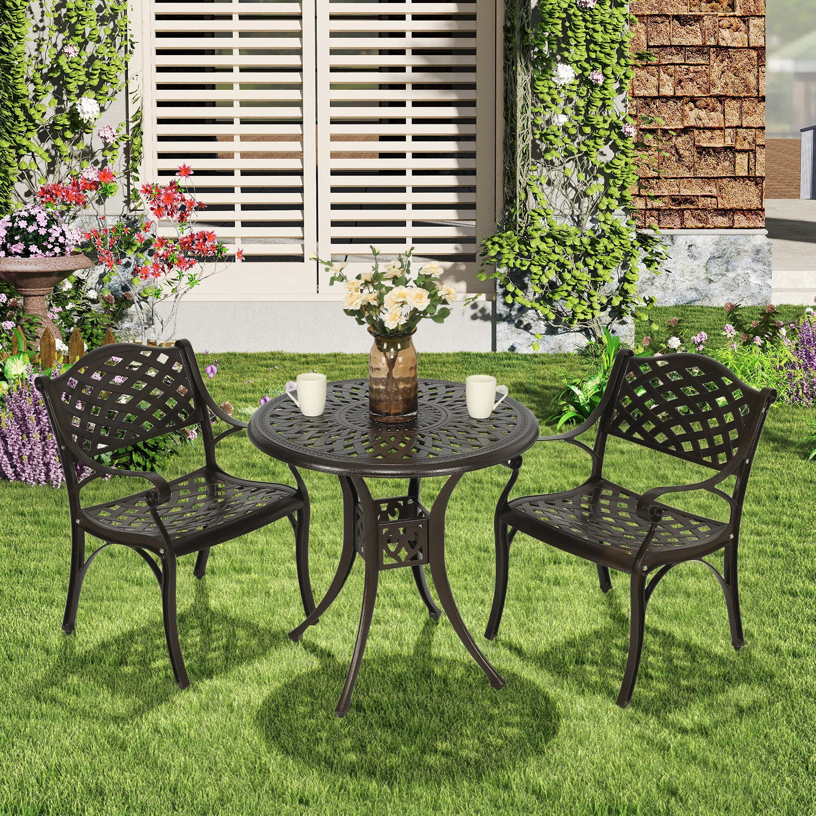 Baze 3 Piece Outdoor Patio Retro Round Cast Aluminum Dining Table and 2 Cast Aluminum Chairs Set | Wayfair North America