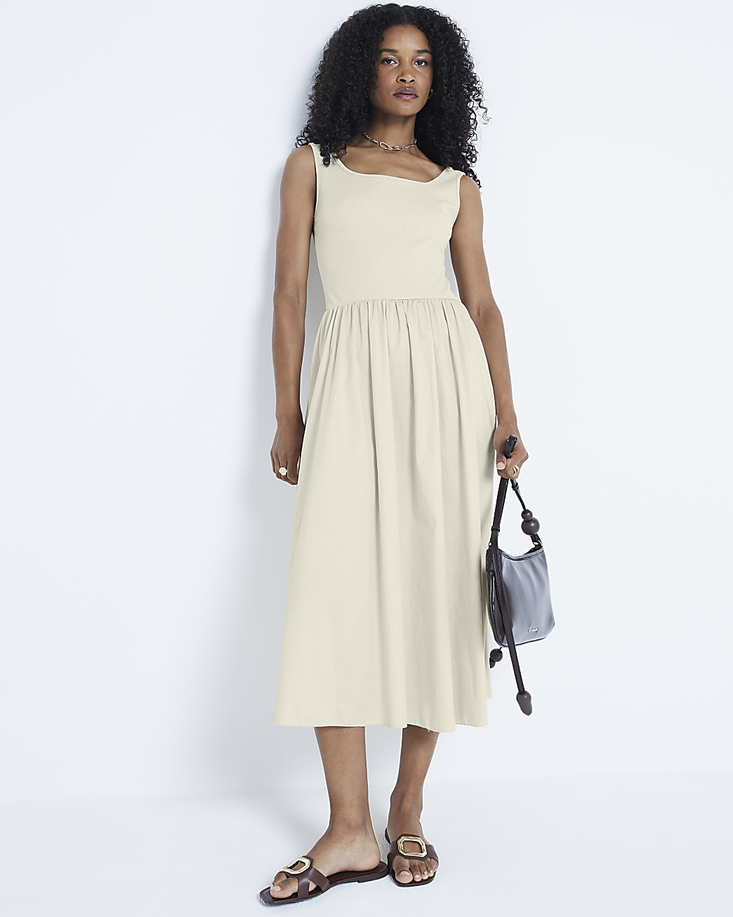 Stone hybrid skater midi dress | River Island (UK & IE)