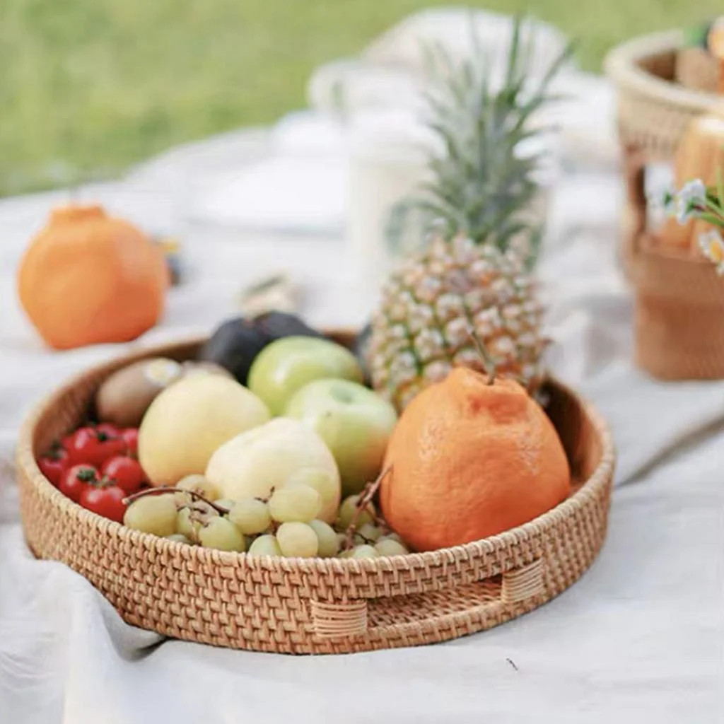 Rattan Serving Tray with Handles, - Round Woven Organizer Basket Tray Wicker Home Decorative Tray... | Walmart (US)