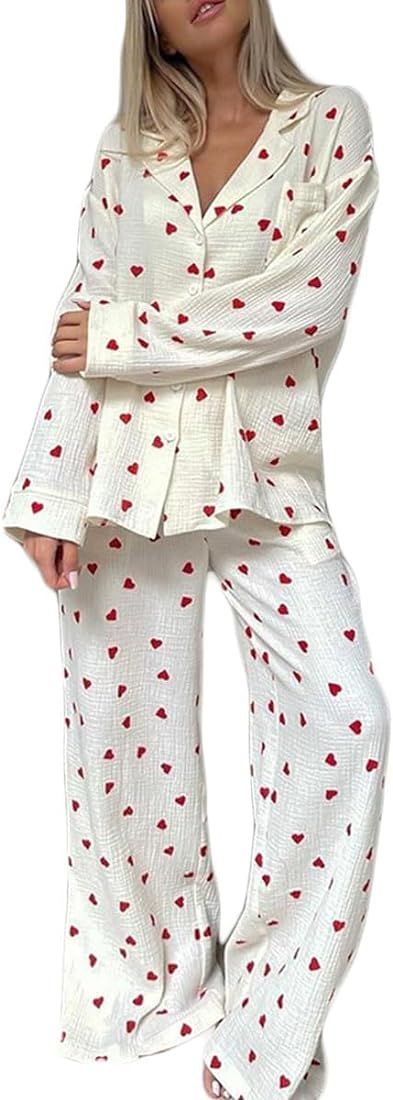 codcm Womens Pajama Sets Cotton Pj Set Cute Heart Print Long Sleeve Button Down Shirt With Long P... | Amazon (US)